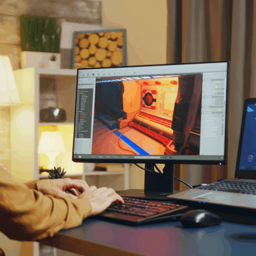game designer working at desk developing new level
